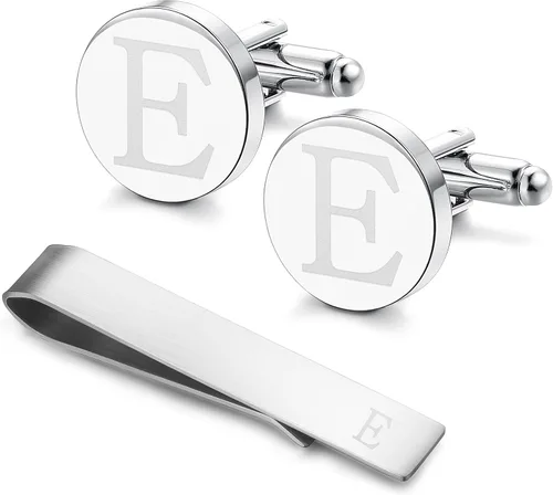 Miniatura 12 de LOYALLOOK - Gemelos de acero inoxidable grabados con inicial y clip de corbata, diseño de letras del alfabeto con caja de regalo, A-Z