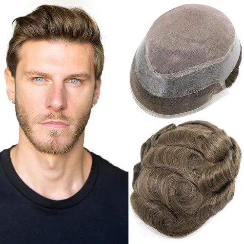 Miniatura 12 de HAPPY&CC Toupee - Piezas de cabello humano con encaje frontal suizo para hombre, parte superior fina mono con poliuretano alrededor de sistema de #1B