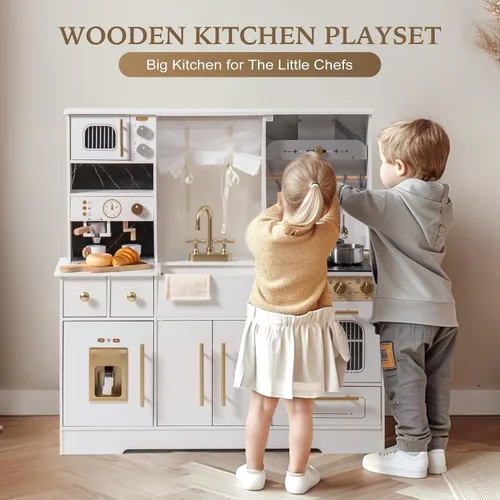 Miniatura 9 de ROBOTIME Cocina de juego de simulación para niños, cocina de juguete de madera con máquina de hielo, máquina de café, horno y accesorios - Divertido