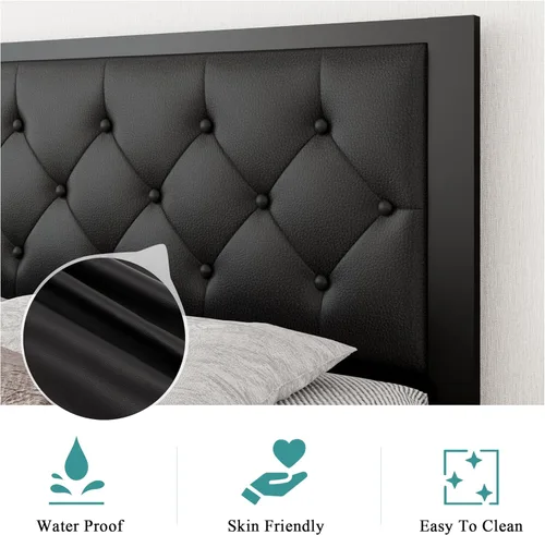 Miniatura 4 de iPormis Marco de cama de metal tamaño Queen, plataforma de piel sintética con cabecera capitoné con botones, espacio debajo de la cama de 12 Negro