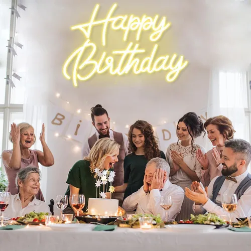 Miniatura 4 de Letrero LED de neón de feliz cumpleaños con interruptor regulable, decoración de fiesta, blanco cálido, funciona con USB, para telón de fondo