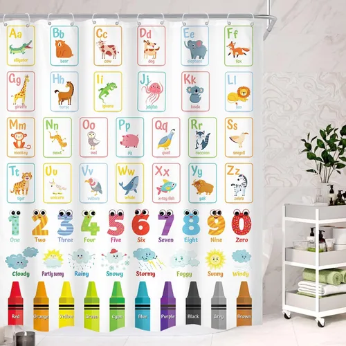 Cortina de Ducha Alfabeto ABC para Niños 60x72 Pulgadas Cortina de Baño de Dibujos Animados Linda Animal Educativa Multicolor Juego de Cortina de