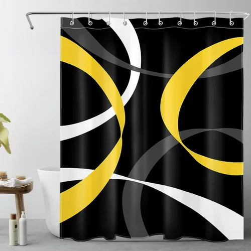 Miniatura 11 de LB Cortina de ducha abstracta rosa para baño, cortina de ducha de tela a rayas grises y blancas sobre fondo negro con ganchos, juego de cortinas