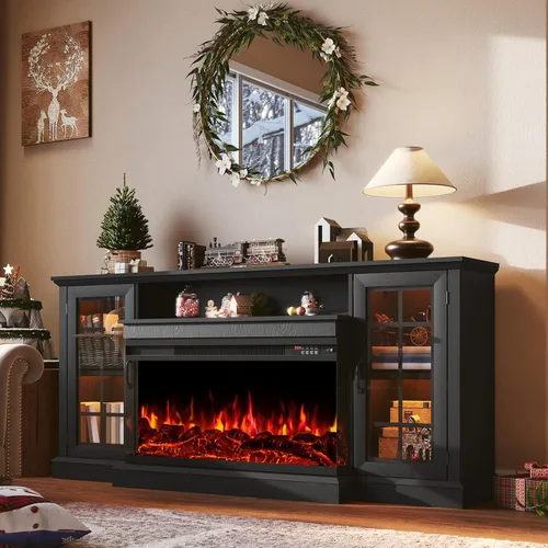 Miniatura 12 de Soporte de TV con chimenea de 59 pulgadas, mesa de consola central de entretenimiento de vidrio de 3 caras para televisores de hasta 65 pulgadas
