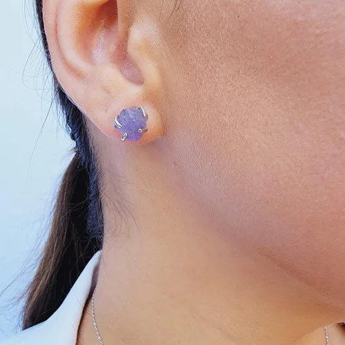 Miniatura 168 de Natural raw gemstone stud earrings with white gold over 925 sterling silver, 6 to 7mm rough genuine quality birthstone gift for her, Uniquelan