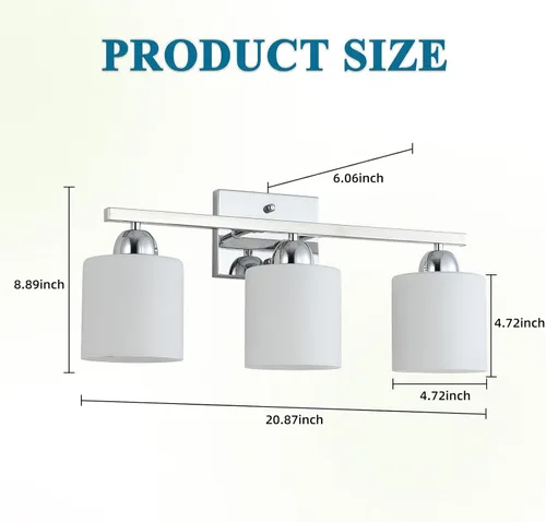 Miniatura 5 de Mecgirn Luces de tocador de vidrio de leche de acero inoxidable para baño, 3 luces cromadas de baño sobre espejo, enchufes E26 de cerámica montados
