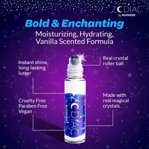 Miniatura 7 de Blossom Brillo de labios con signo del zodiaco con aroma a vainilla, brillo labial roll-on hidratante e hidratante con cristales del zodiaco, Acuario