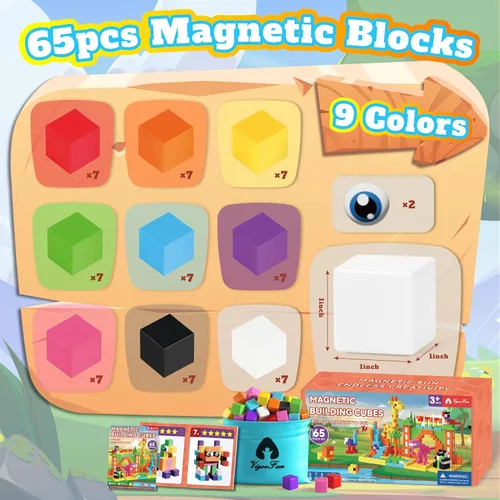 Miniatura 2 de Juego de 65 bloques magnéticos, bloques de construcción magnéticos de 1" con ojos de juguete y bolsa de almacenamiento para regalos de niños