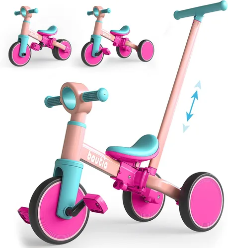 Bautia Triciclo para niños con mango de empuje para niños pequeños de 1 a 4 años, regalo para niños y niñas, bicicleta de equilibrio 5 en 1 para