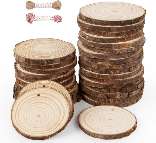 Miniatura 10 de ilauke - Láminas de madera, 30 piezas de 2.4"-2.8" (6.1-7.1 cm) redondas de madera natural con agujero preperforado, círculos de madera con corteza