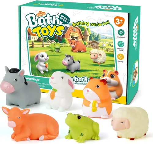 Miniatura 6 de Juguetes de baño para niños pequeños de 1 a 3: 6 piezas de juguetes de baño de animales de granja iluminados, juguetes de baño para bebés, juguete