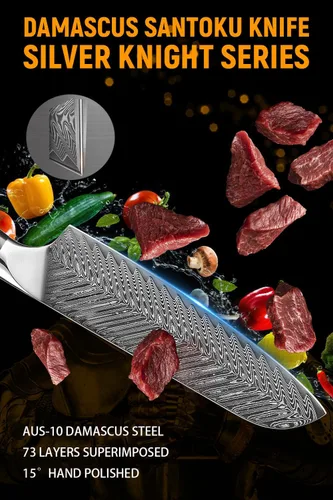 Miniatura 4 de Cuchillo Santoku de 7 pulgadas, cuchillos japoneses AUS-10 de cocina de acero Damasco con diseño de mango ergonómico