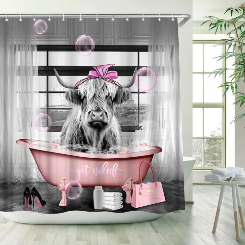 Miniatura 3 de Juego de 2 cortinas de ducha para baño, diseño de vaca de las tierras altas, color rosa, divertido y lindo animal para tina, bolsa de tacón alto