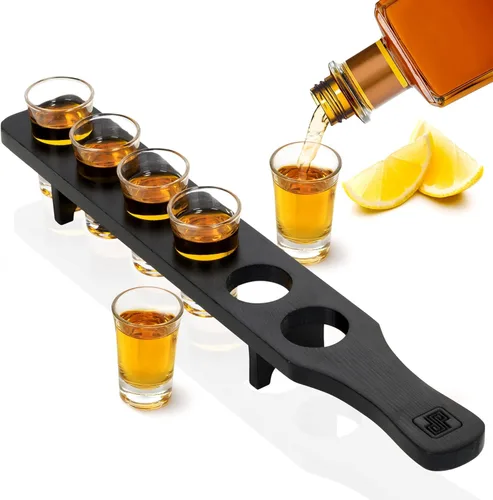 Don Paragone Juego a Granel de Bandeja de Soporte para Vasos de Chupito - Tablero de Chupito de Madera de Pino Real y Juego de 6 Vasos de Chupito