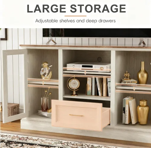 Miniatura 5 de Soporte de TV de granja para TV de 55/60/65 pulgadas, consola multimedia alta con 2 puertas de vidrio y 3 estantes ajustables, centro