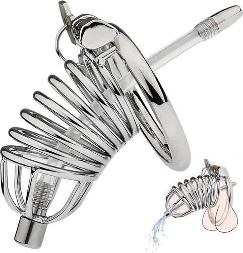 Miniatura 11 de Jaula de acero inoxidable para hombre con bloqueo de pene con cerradura de metal castidad con tubo uretral