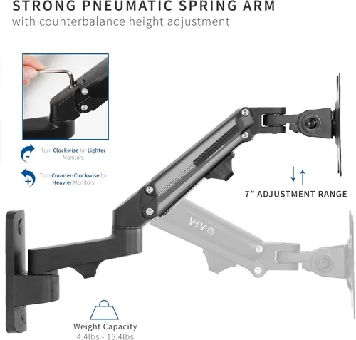 Miniatura 4 de VIVO Soporte de pared para monitor LCD individual de aluminio premium para pantallas de hasta 32 pulgadas, brazo neumático ajustable que se adapta