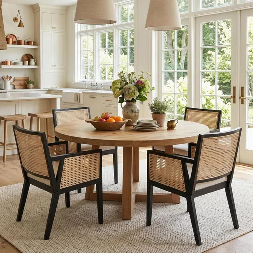 Miniatura 11 de HNY Juego de 2 sillas de comedor de ratán estilo granja, marco de madera maciza negra, asiento tapizado de lino, sillas de comedor ergonómicas