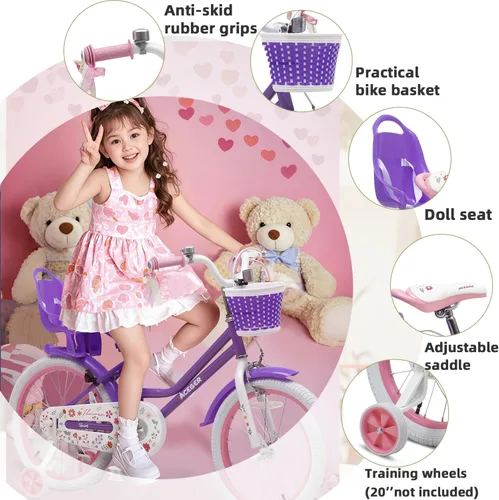 Miniatura 4 de ACEGER Girls Bike with Basket for Ages 2-12 Years Old Kids, 12 14 16 18 Inch with Training Wheels，Princess Style with Streamers, Handbrake & Coaster