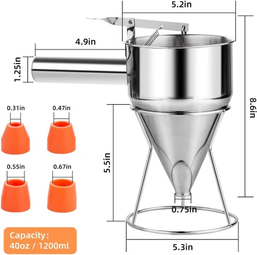 Miniatura 3 de Choxila Dispensador de masa para panqueques de 40 onzas, dispensador de pastel de embudo de acero inoxidable de 4 calibre con soporte, ideal
