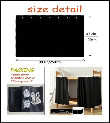 Miniatura 2 de Cortinas opacas de tamaño matrimonial, tela de privacidad para hombres, mujeres y adolescentes, color negro, 47.2 pulgadas de largo