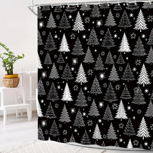 Miniatura 9 de Cortina de ducha con diseño de árbol de Navidad, color negro y blanco, diseño de árbol de Navidad retro, copo de nieve, diseño de pino de Año Nuevo
