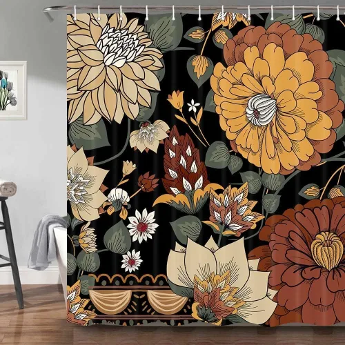 Miniatura 28 de Torich Cortina de ducha floral bohemia, abstracta de mediados de siglo, decoración bohemia, cortinas de baño, flores botánicas, hojas tropicales