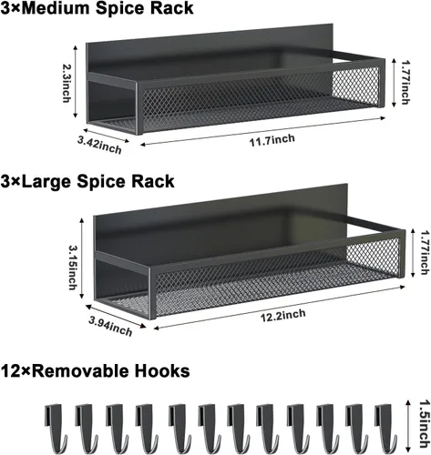 Miniatura 2 de Estante magnético para especias Aufworld para refrigerador, paquete de 6 estantes magnéticos, organizador de imanes para nevera con 12 ganchos