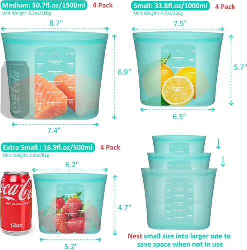 Miniatura 3 de Bolsas de Alimentos Reutilizables, Paquete de 12 Bolsas de Almacenamiento de Alimentos 100% Silicona que se Mantienen de Pie con Cierre Hermético