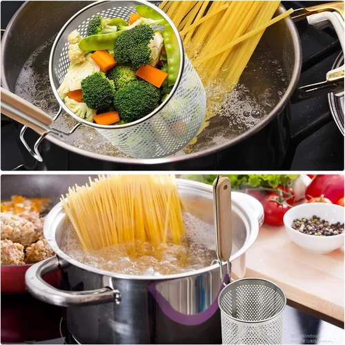 Miniatura 4 de Colador de Pasta de Acero Inoxidable, 2 piezas Colador de Fideos y Dumplings de Alimentos Microperforado con Mango de Madera, Cestas para Colar
