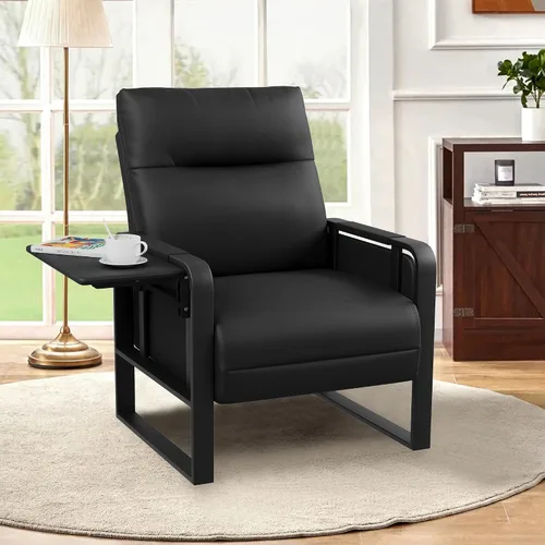 Miniatura 16 de Silla de Acento Moderna Tapizada en Cuero PU Sillón con Mesa de Bandeja para Dormitorio Sala de Estar Sillas Silla de Oficina Beige