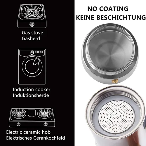 Miniatura 5 de Sivaphe Cafetera de 4 tazas de Acero Inoxidable para Estufa Soporte de Inducción Olla Moka Italiana de 10 oz Cafetera Cubana Duradera 200ml