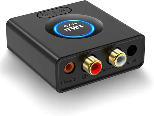 1Mii Receptor Bluetooth para estéreo doméstico, adaptador inalámbrico AUX y RCA, emparejamiento de dispositivos duales, tiempo de reproducción de 12