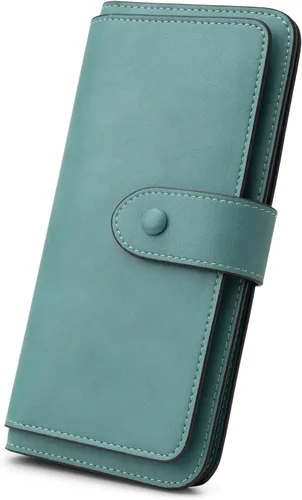 Miniatura 10 de Cartera de cuero con bloqueo RFID para mujeres, diseño delgado de triple pliegue con 14 ranuras para tarjetas y bolsillo con cremallera, Negro