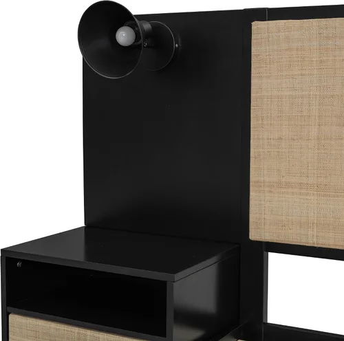 Miniatura 9 de Harper & Bright Designs Cama de plataforma tamaño Queen con 2 mesitas de noche y 2 lámparas, cama Queen de madera con cabecero, combinación de ratán