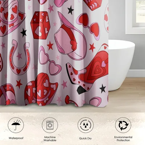 Miniatura 7 de Juego de cortinas de ducha de baño con 12 ganchos, corazón de vaquera rosa de San Valentín, decoración de baño, retro años 60 y 70 S, estética