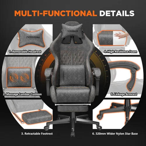 Miniatura 7 de Ferghana Silla vintage de piel sintética para videojuegos, silla de jugador con respaldo alto con masaje, silla ergonómica de oficina para Gris Acero