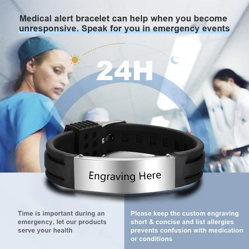 Miniatura 70 de OPALSTOCK Pulseras médicas personalizadas de silicona ajustable para identificación de emergencias, grabado gratuito, 9 pulgadas, resistente al