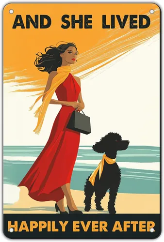 Cartel de metal vintage con texto en inglés "Girl and She Lived Happily Ever After Dog" (Poodle Girl and She Lived Happily Ever After Dog), letrero