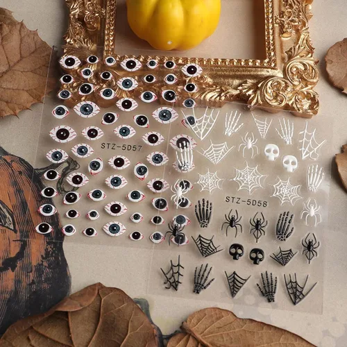 Miniatura 6 de Calcomanías de uñas de Halloween 5D, calcomanías acrílicas con ojos realistas, araña, hueso, en relieve, cráneo, fantasma, calabaza, araña