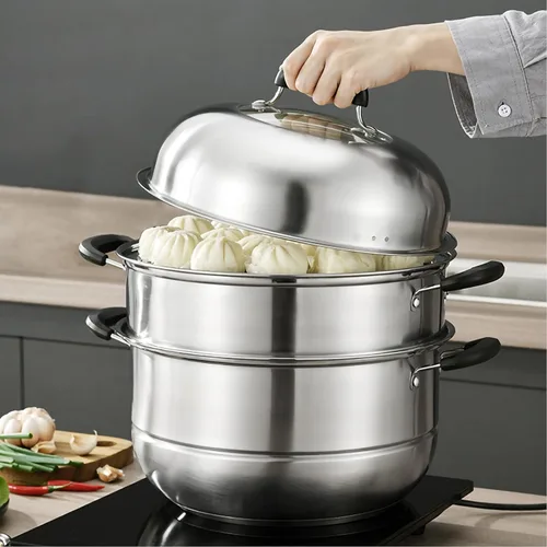Olla de vapor MANO para cocinar ollas de vapor de 11 pulgadas con tapa ollas de vapor de acero inoxidable de 2 niveles multiusos con asa para