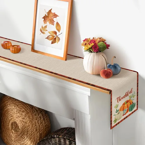Miniatura 5 de Bonhause Camino de mesa de otoño de 13 x 90 pulgadas, naranja y verde, calabaza, camión, hojas, cuadros, otoño, Acción de Gracias, cocina, comedor