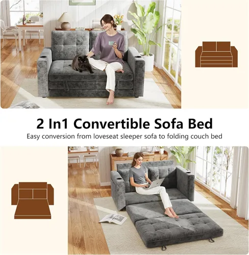 Miniatura 4 de WorthFurni Sofá Cama Convertible, Sofá Cama Plegable 2 en 1, Loveseat Sofá Cama Extraíble, Sofá Cama de Piso para Espacios Pequeños, Sofá Cama Gris