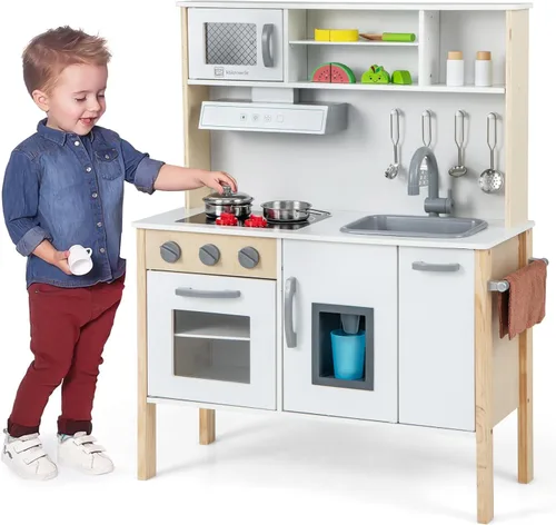 Miniatura 11 de Costzon Juego de cocina para niños, juego de cocina de madera con sonido, microondas, horno, máquina de hielo, campana extractora, estufas