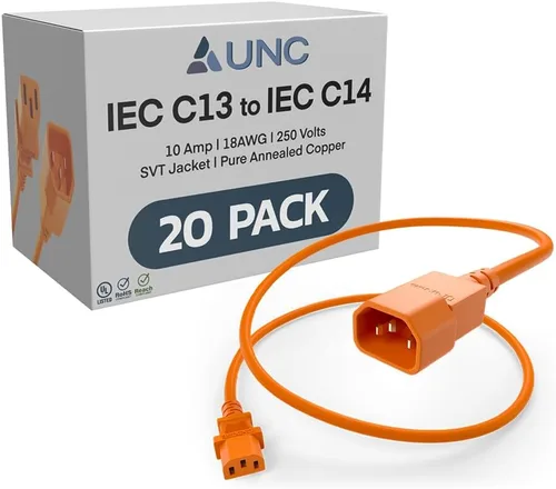 Miniatura 15 de UNC Cable de alimentación PDU C13 a C14, 1.5 pies, paquete de 20 unidades, negro, 10 amperios, SJT 250V, certificación UL, cable de extensión IEC