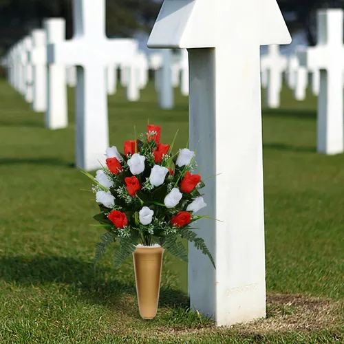 Miniatura 5 de Jarrón de metal para cementerio, jarrones con base de metal y estacas para mesa del hogar, flores de cementerio, decoraciones de tumbas Dorado