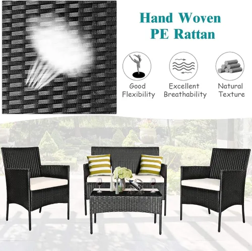 Miniatura 7 de Tangkula Juego de muebles de patio de 4 piezas, juego de conversación de mimbre para exteriores con mesa de centro de vidrio templado, sofá biplaza