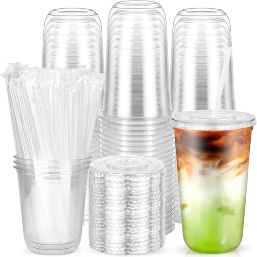 Miniatura 9 de 100 piezas de 12 onzas. Vasos desechables de plástico con tapas planas y popotes transparentes, vasos de fondo redondo para llevar café helado