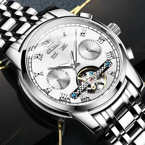 Miniatura 7 de OLEVS Reloj automático para hombre, cuerda automática, mecánica, de lujo, de acero inoxidable, multicalendario, impermeable, luminoso, reloj