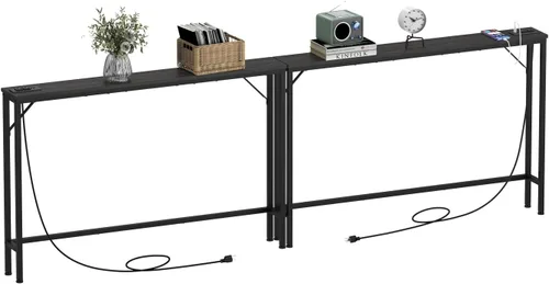 Miniatura 11 de Tohomeor Mesa consola delgada de 5.9 pulgadas con estación de carga, color negro carbón, 47.2 pulgadas, estrecha, larga detrás del sofá, con tomas